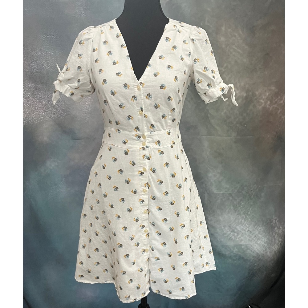 Gap Women White Floral Linen Blend Button Front Tie Sleeve Mini Dress Size 0